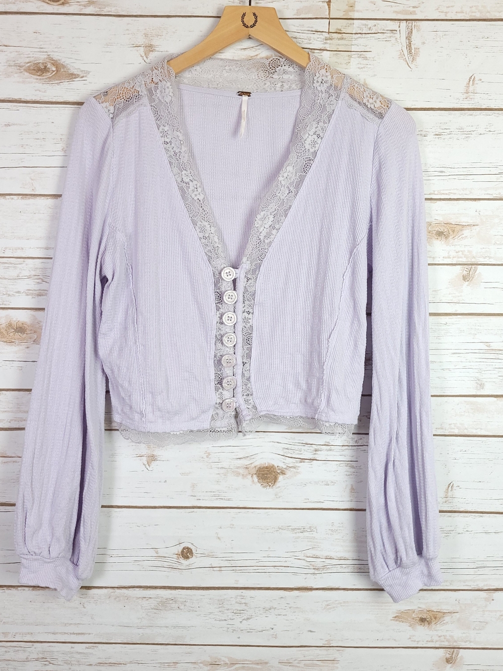 Free People Top Large Lavender Lace Trim Thermal Boho Button Front Crop